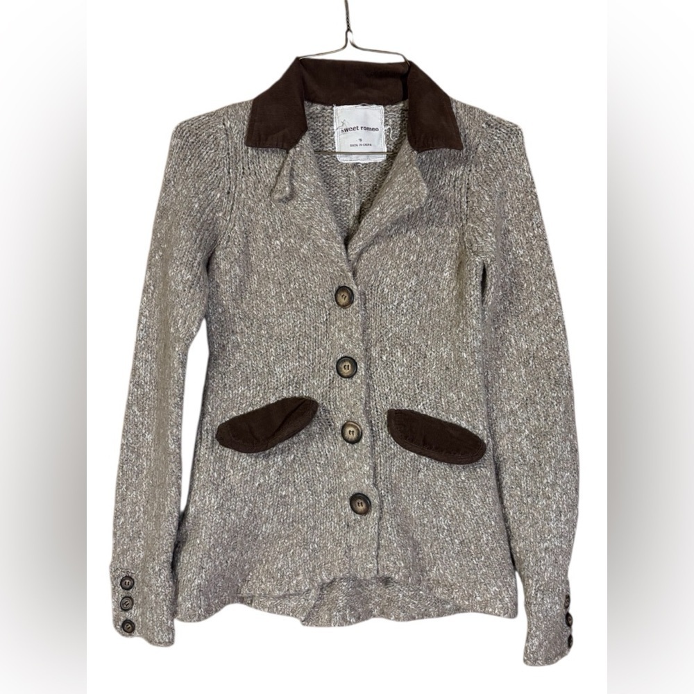 Dark Academia Button Down Wool Blend Sweater Jacket with Brown Corduroy Accents